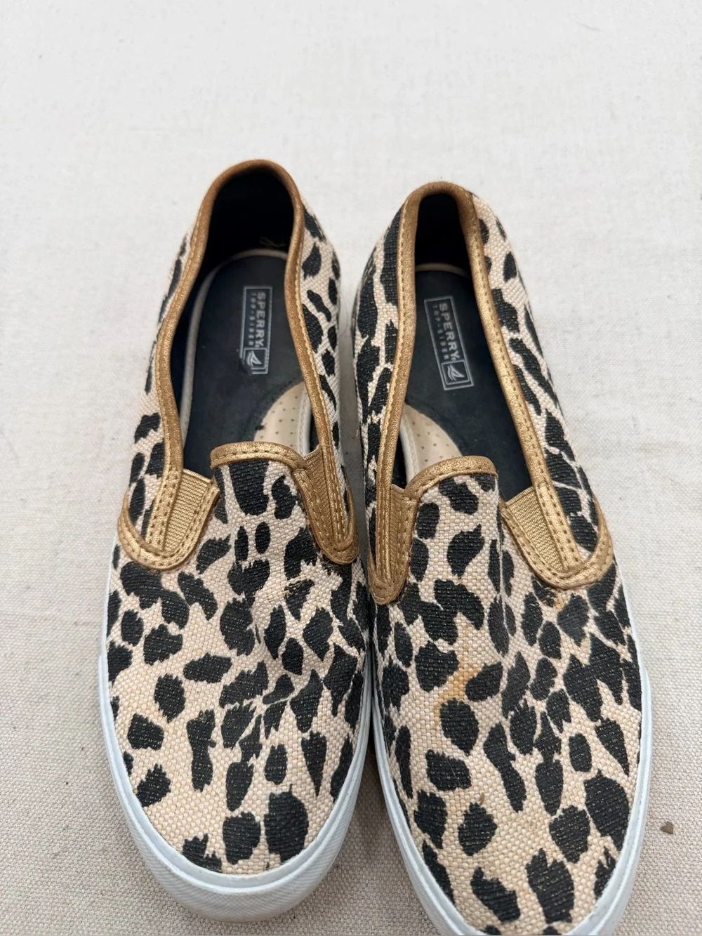 Sperry Leopard Print Slip-On Flats with Metallic Trim - Women's Brown
